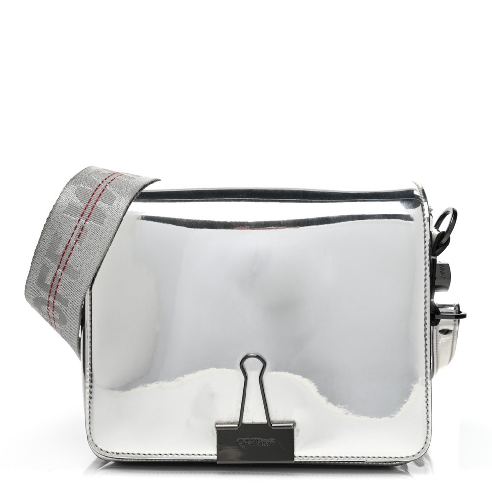 OFF-WHITE patent mirror binder clip bag